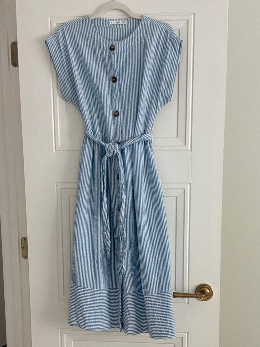 Mango Blue and White Striped Button-Front Dress